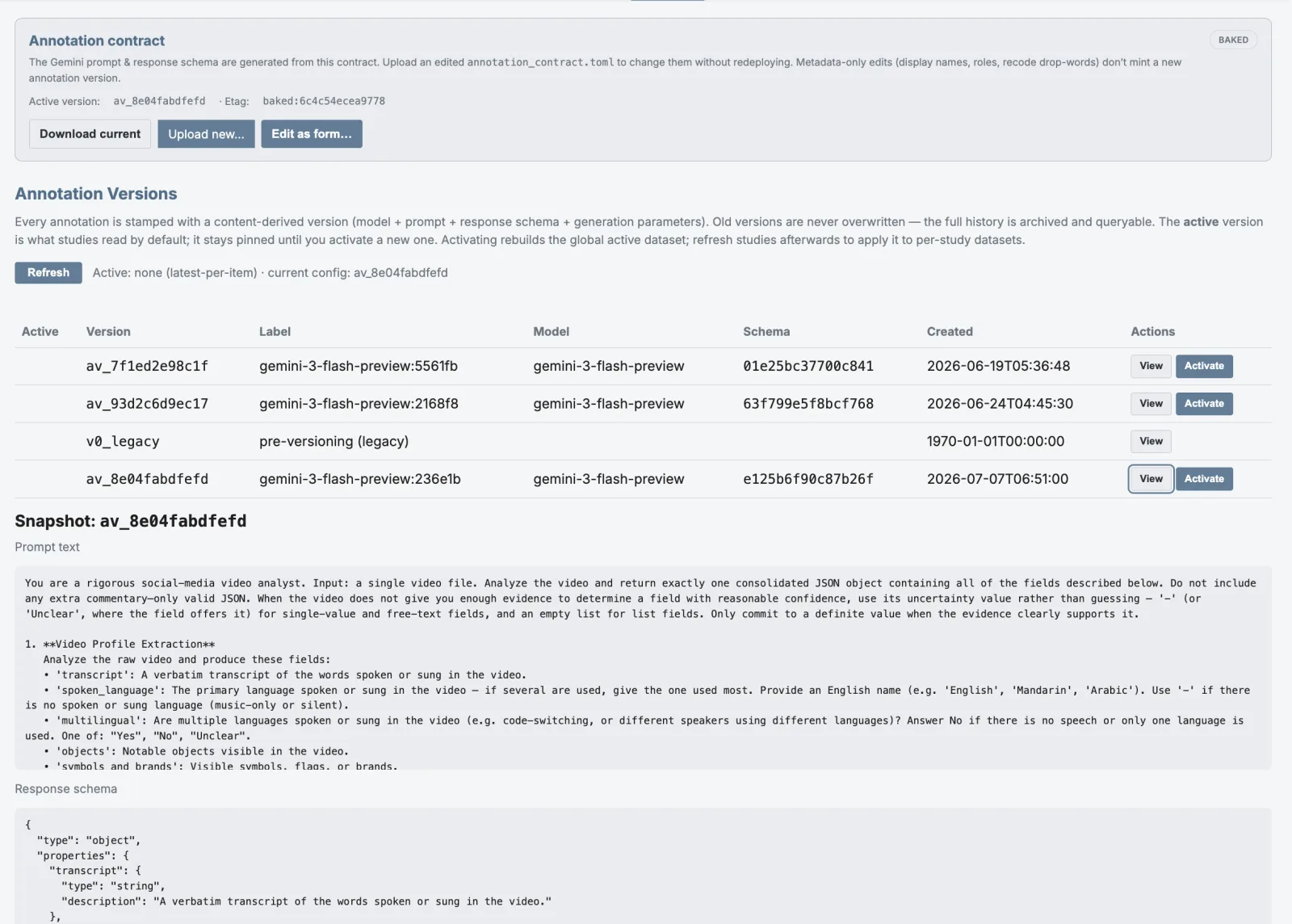 Annotation contract and version history: prompt text and response schema, content-derived version stamps