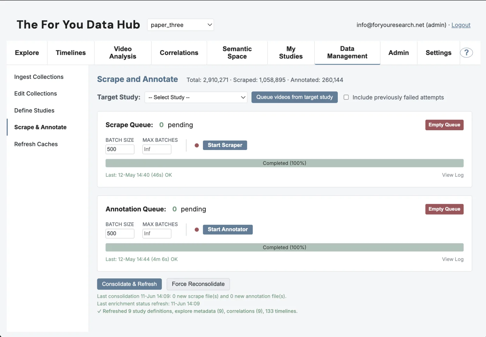 Scrape and Annotate: background queues recovering videos and metadata