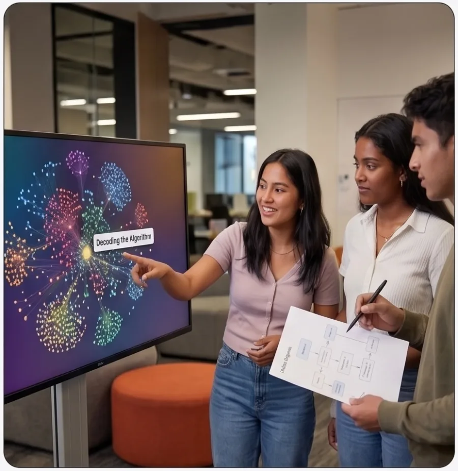 Three young researchers decoding the algorithm in front of a colorful network map
