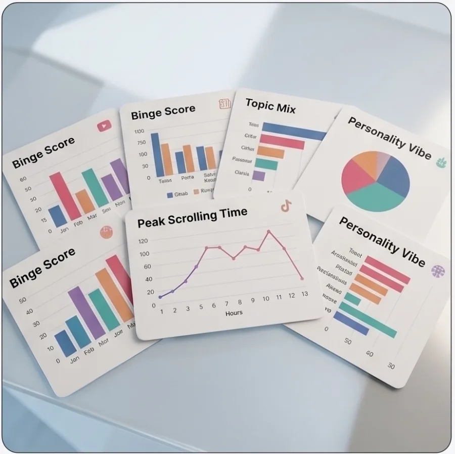 A spread of TikTok personality profile cards: binge score, topic mix, peak scrolling time and personality vibe
