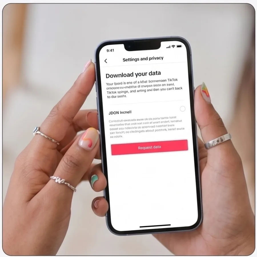 Hands holding a phone on TikTok's Download your data screen