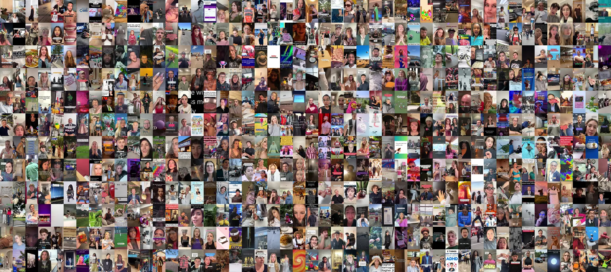A dense grid of opening frames from hundreds of short videos: people talking
                     to camera, captions, food, pets, screenshots, streetscapes and product shots.